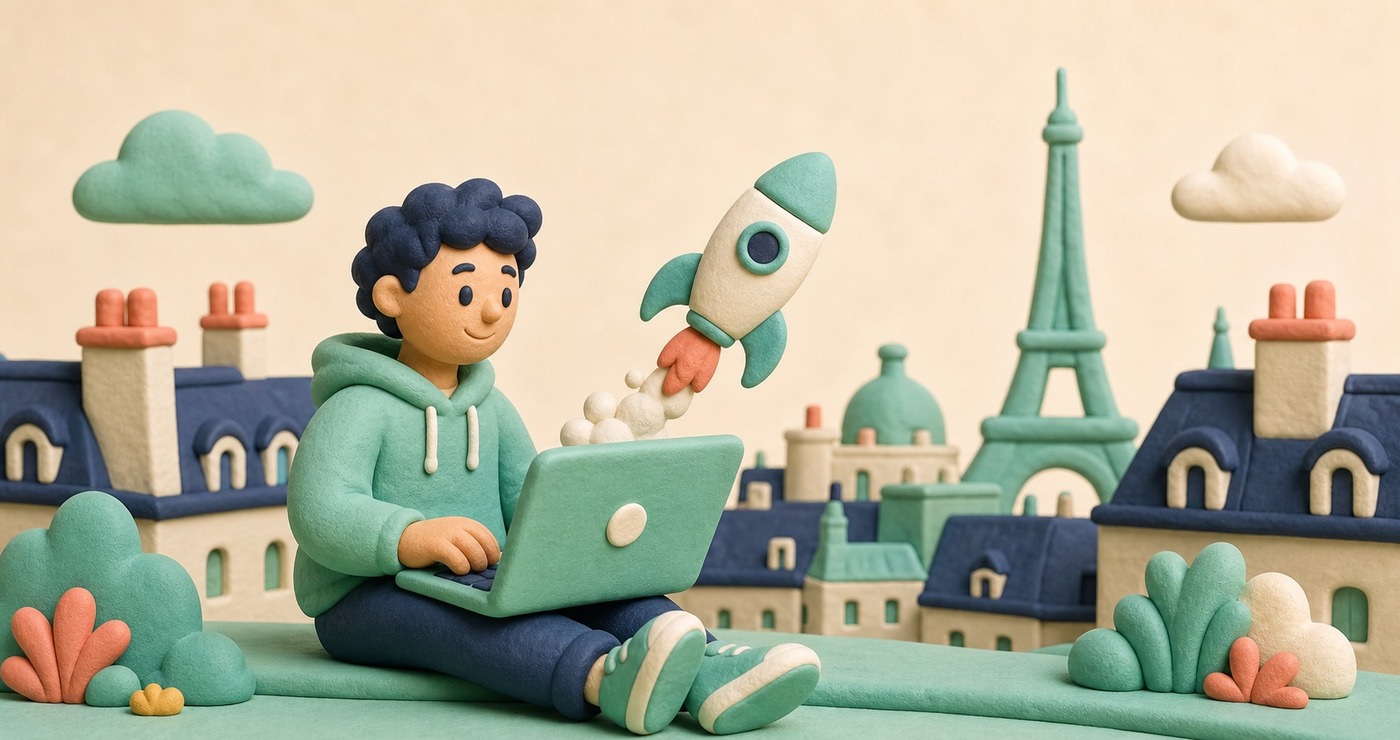 Айтишник с ноутбуком на фоне символов Франции и French Tech