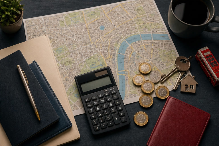 Фунты стерлингов, визовые документы и таблица бюджета переезда в Великобританию